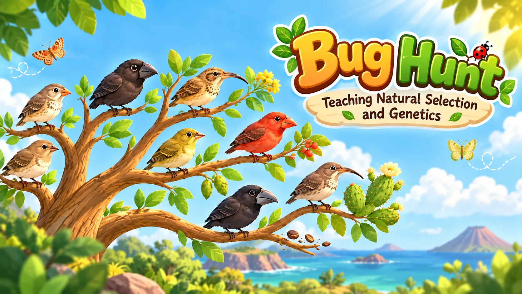 Bug Hunt illustration showing birds with varied inherited beak traits