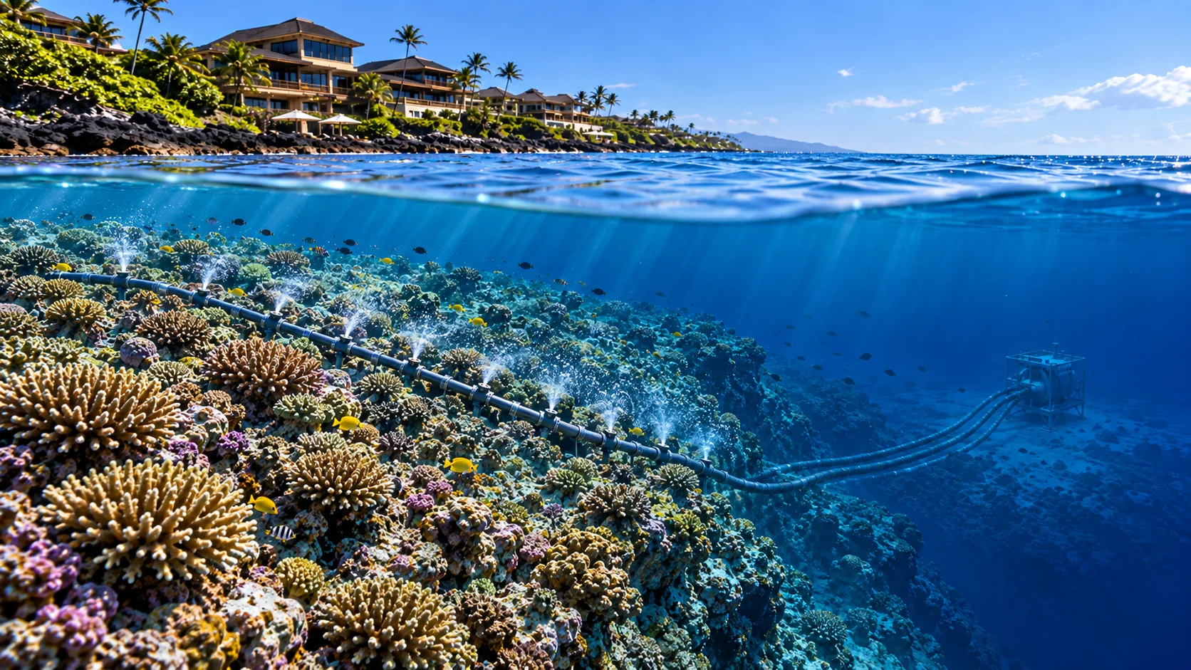 Concept model of the ReefGuard thermal-buffering system distributing subsurface water across a coral reef near a resort