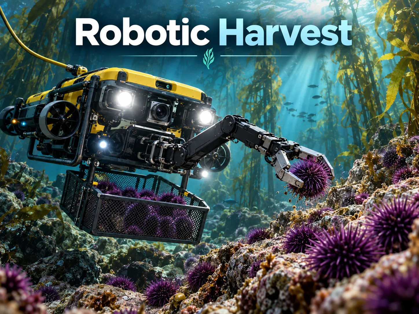 Concept illustration of a supervised underwater robot collecting purple sea urchins in a kelp forest